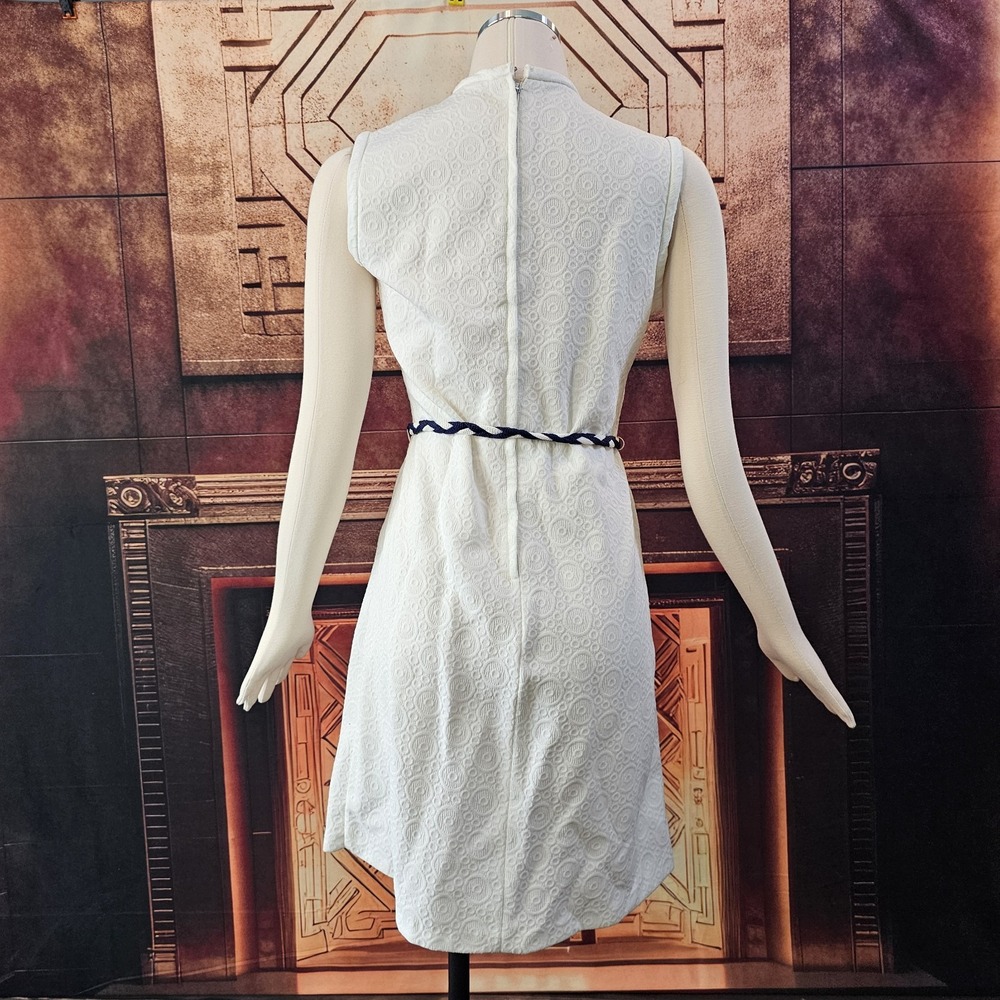 Vintage 1960's Dress Shift White Blue White Braided Belt Sleeveless Retro Pinup - Picture 11 of 13
